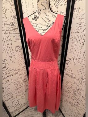 Casual Corner Coral Pink V‑Neck Pleated Midi Dress